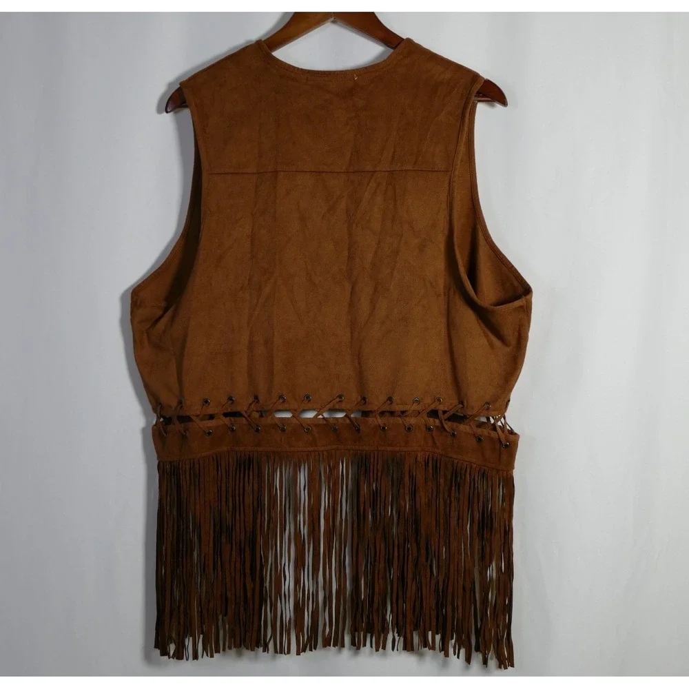 Womens Boho Western Faux Suede Fringe Vest Size 2X Festival Hippie Cowgirl Rodeo